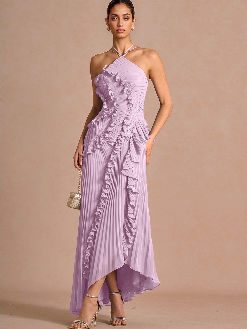 Azazie Lavender Ruffled Halter High-Low Maxi Dress